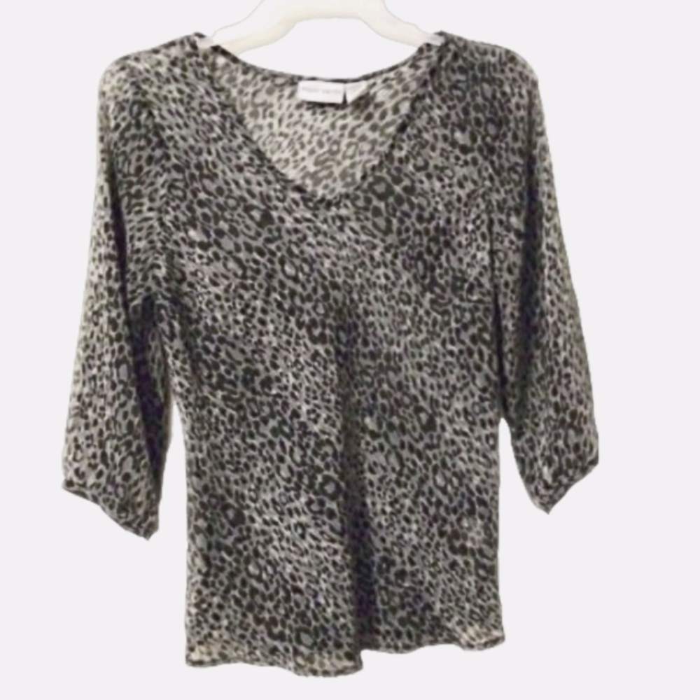JACLYN  SMITH Sheer V-Neck Gray Animal Print 3/4" Sleeve Blouse XL